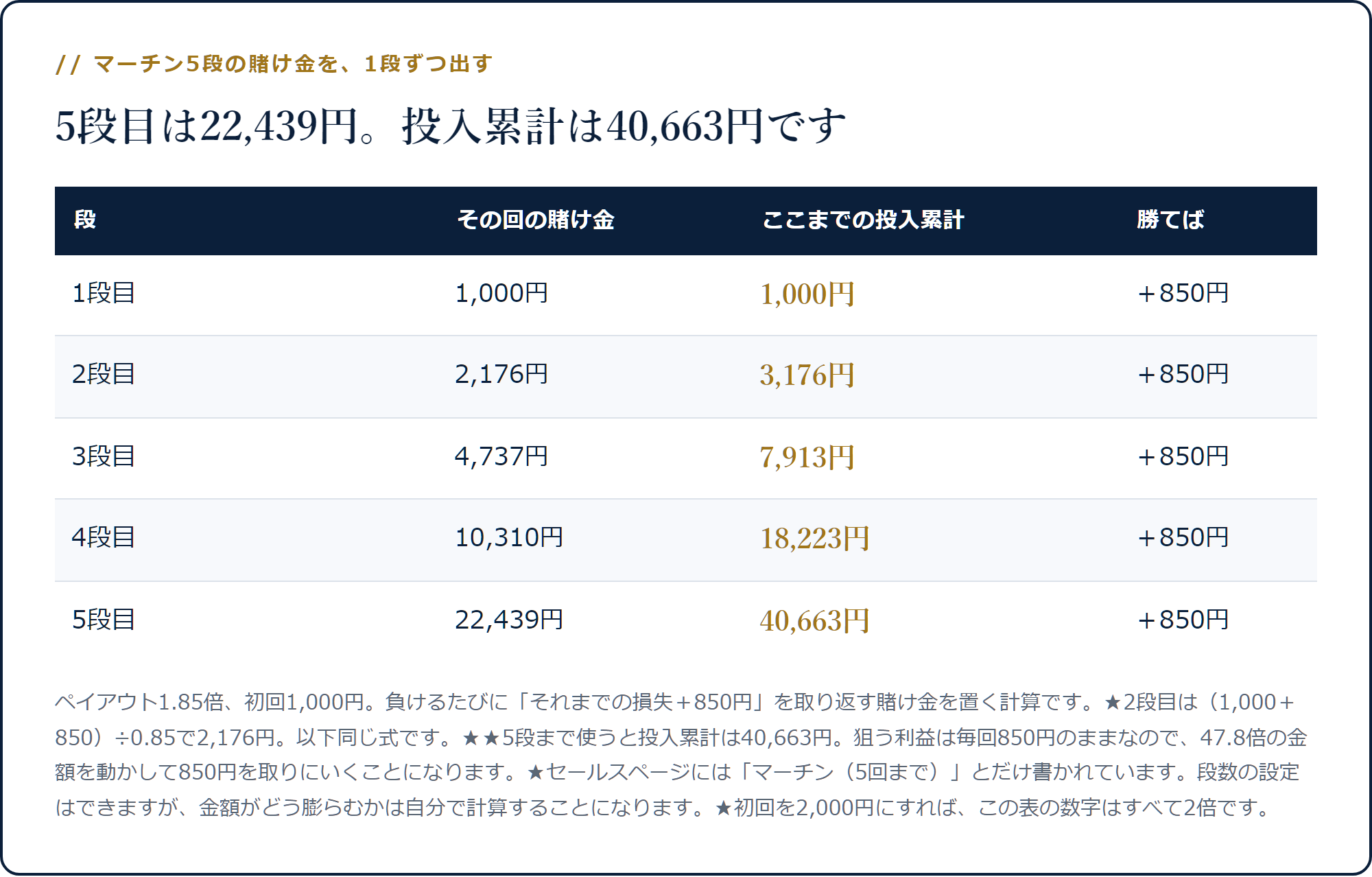マーチン1段目1,000円から5段目22,439円まで、投入累計が40,663円になることを示した表