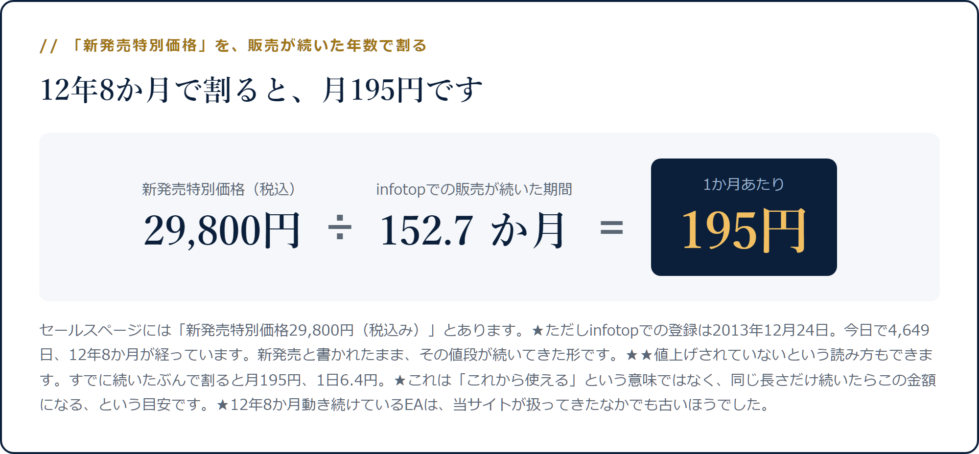 29,800円をinfotopでの販売が続いた152.7か月で割ると月195円になる計算
