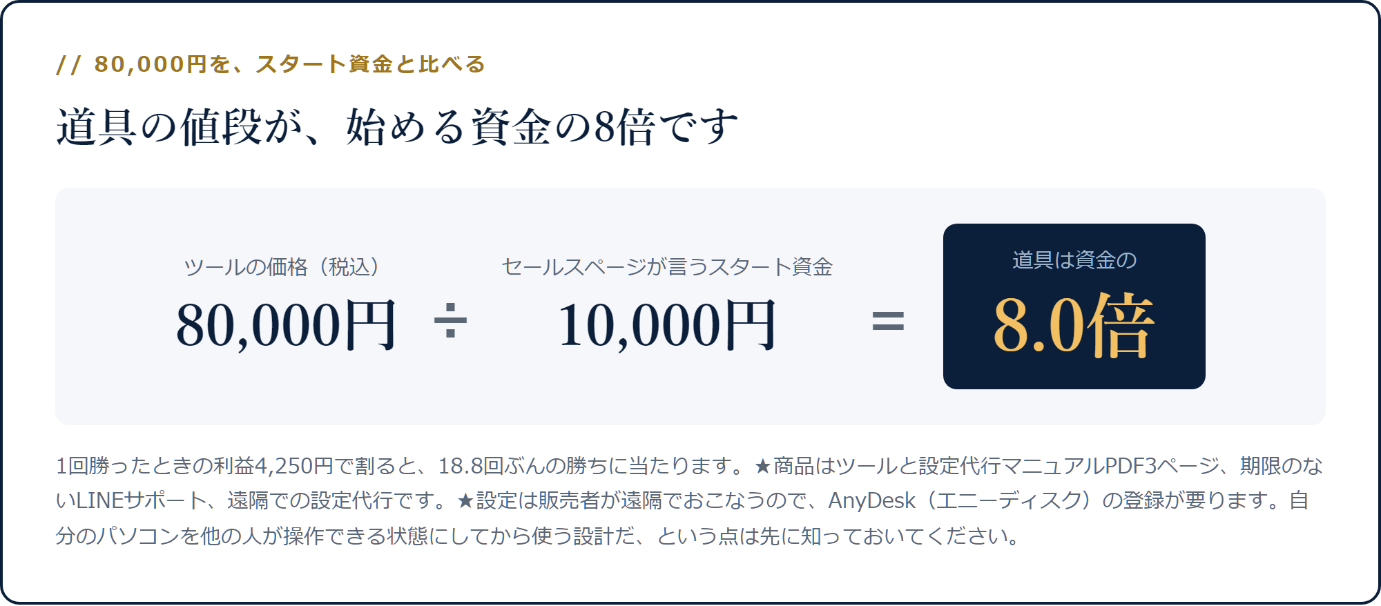 80,000円を10,000円で割ると道具が始める資金の8倍になる計算