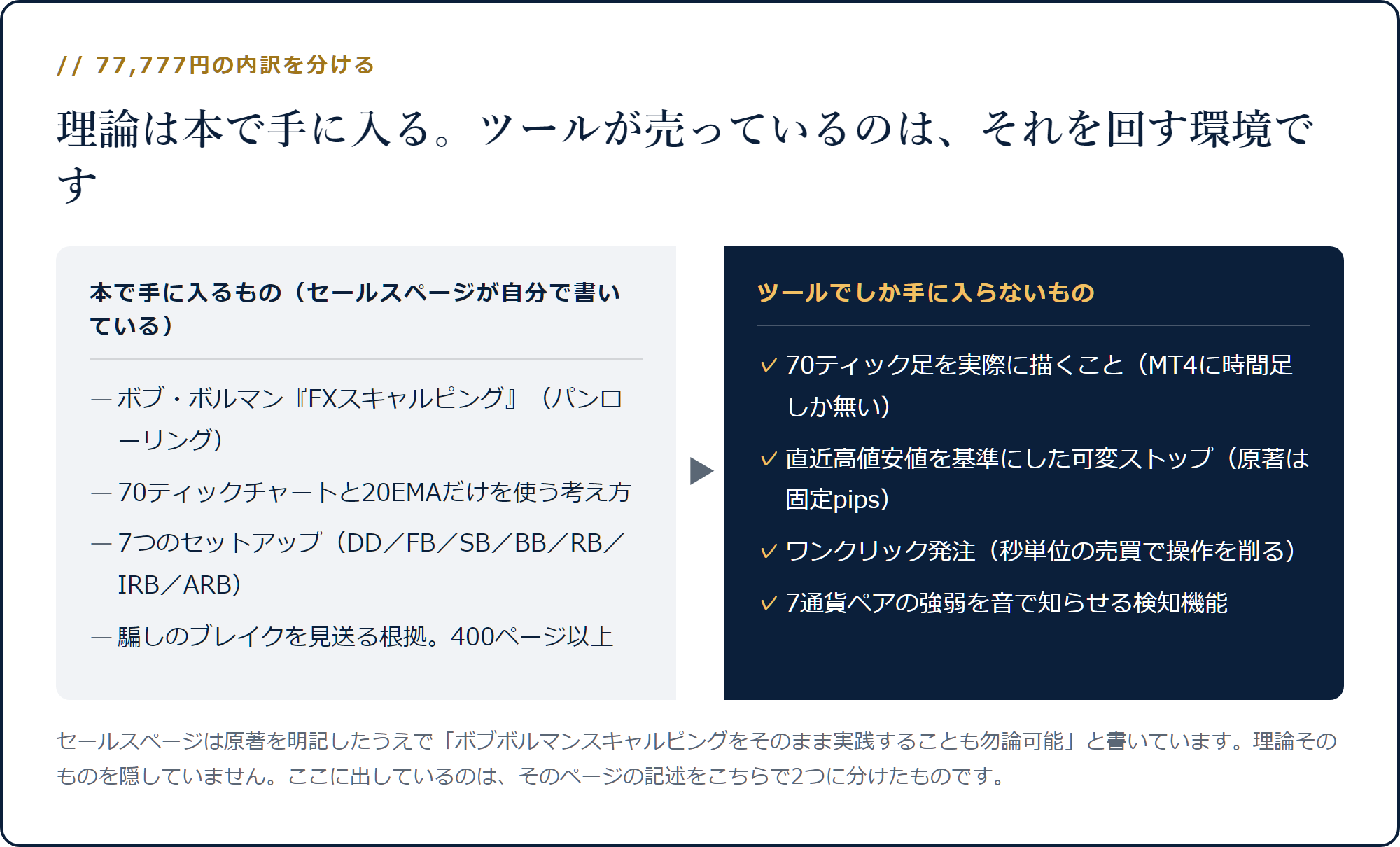本で手に入るもの(理論・7つのセットアップ)とツールでしか手に入らないもの(ティック足・可変ストップ・ワンクリック発注)