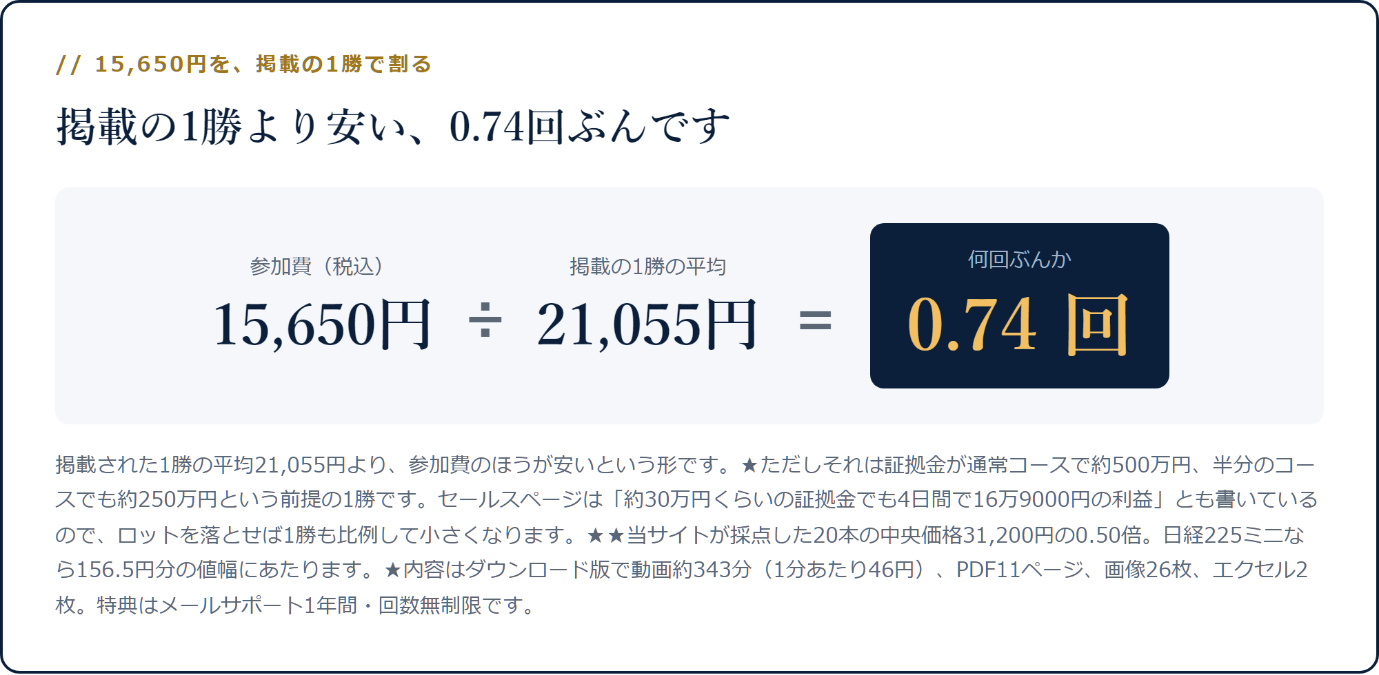 15,650円を掲載の1勝の平均21,055円で割ると0.74回分になる計算