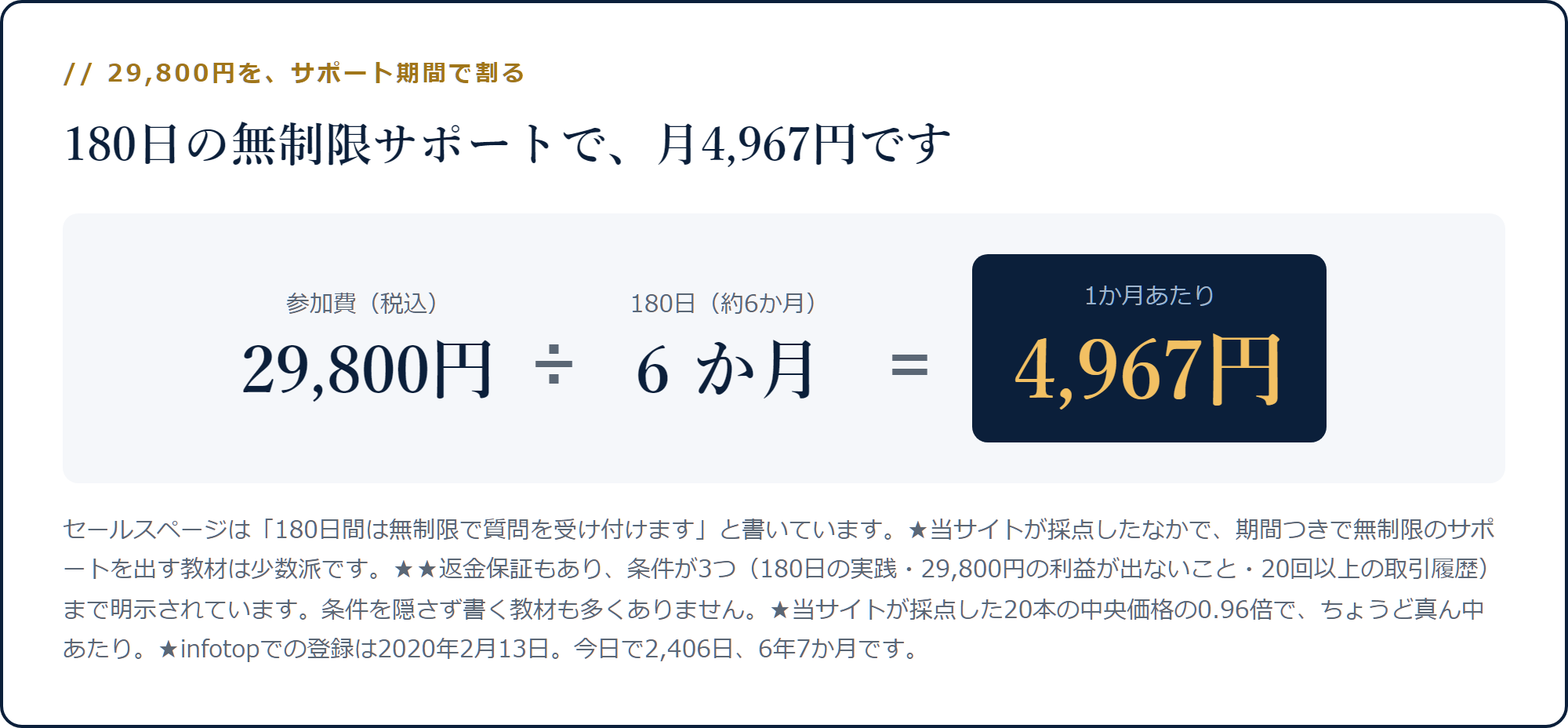 29,800円を180日約6か月で割ると月4,967円になる計算