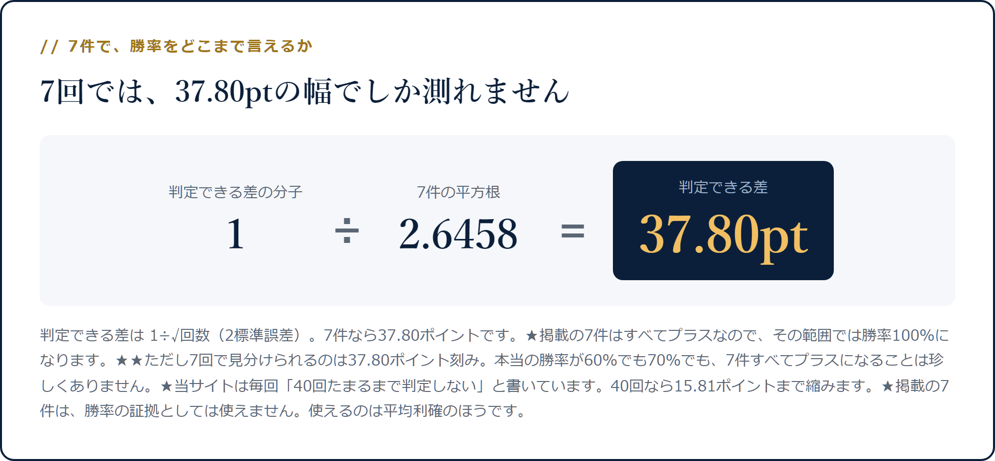 1を7件の平方根2.6458で割ると判定できる差37.80ポイントになる計算