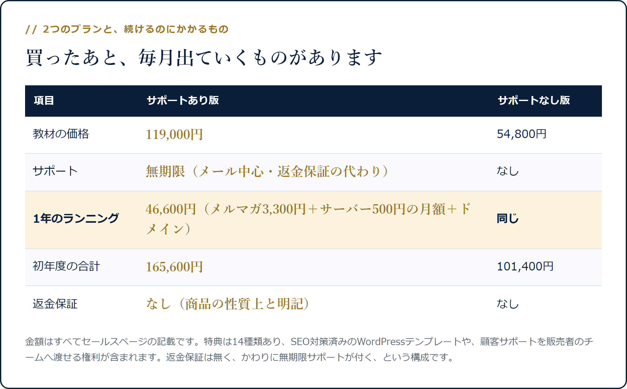 サポートあり119,000円・なし54,800円・年46,600円のランニング・返金保証なし