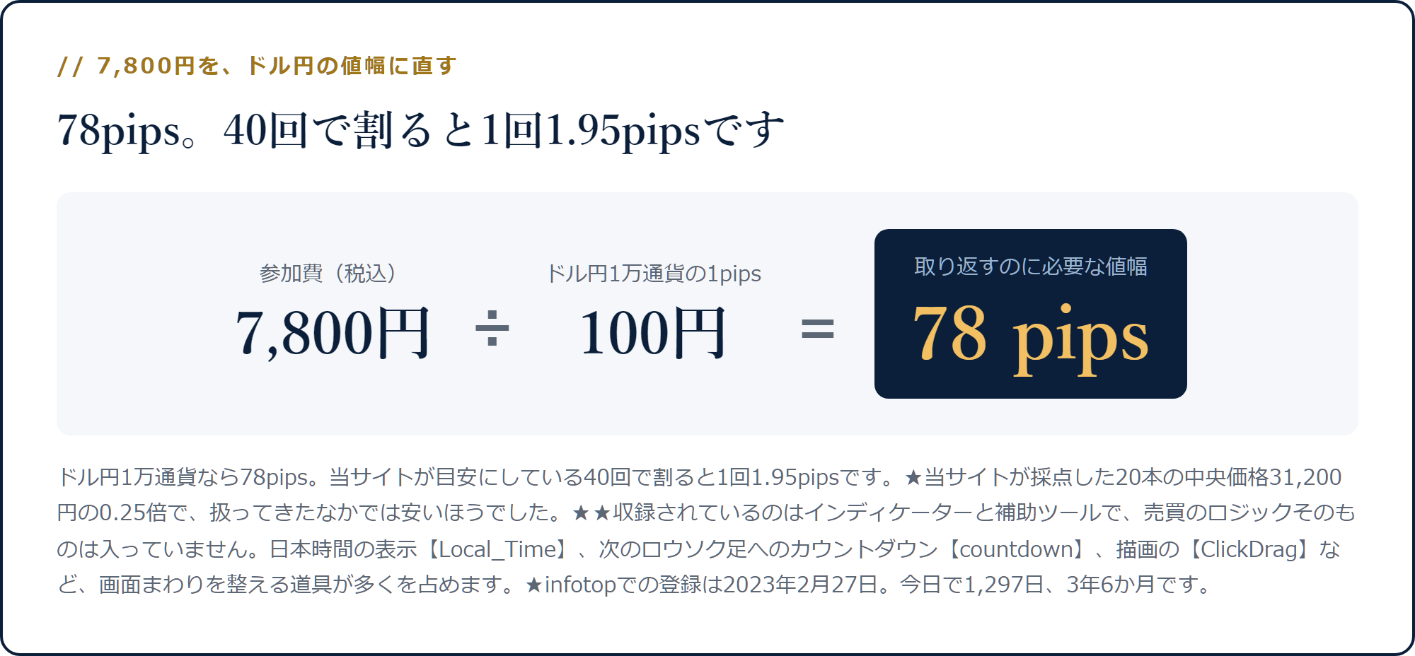 7,800円をドル円1万通貨の1pips=100円で割ると78pipsになる計算