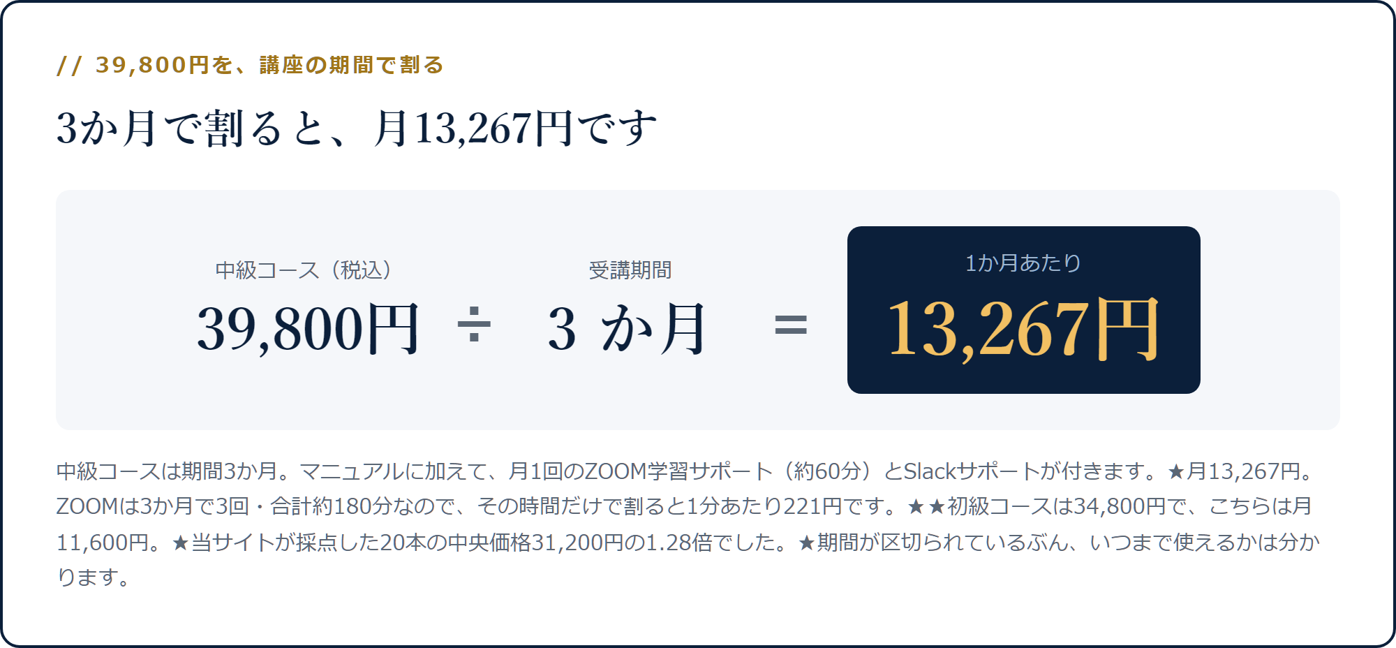 39,800円を受講期間3か月で割ると月13,267円になる計算