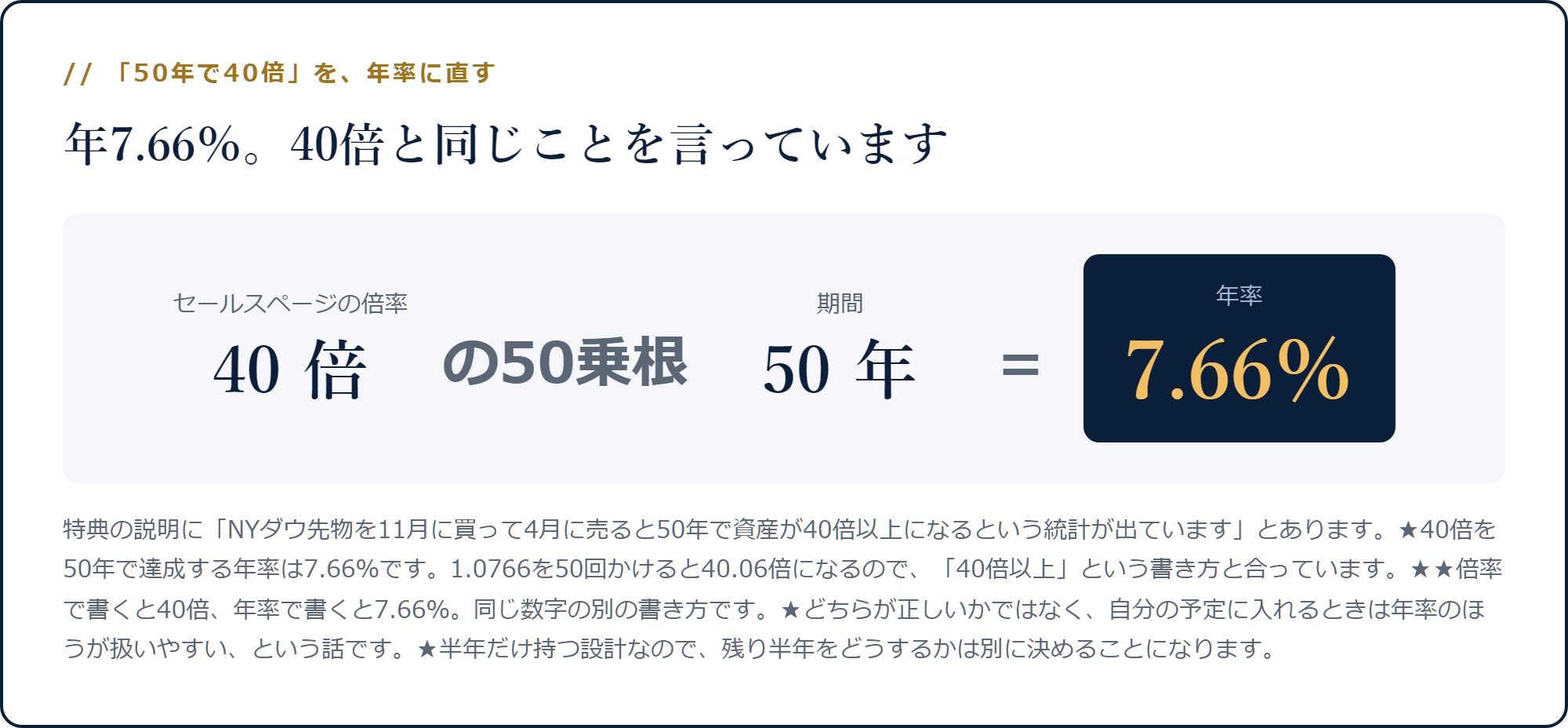 40倍の50乗根から1を引くと年率7.66%になる計算