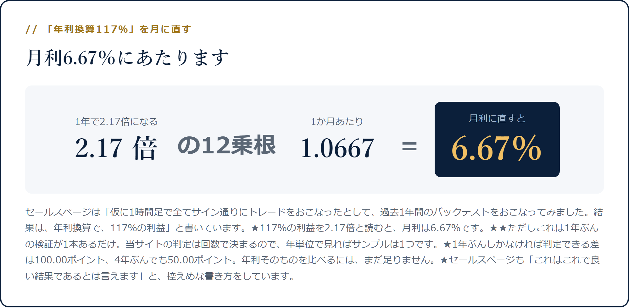 1年で2.17倍になる場合の12乗根を取ると月利6.67%になる計算