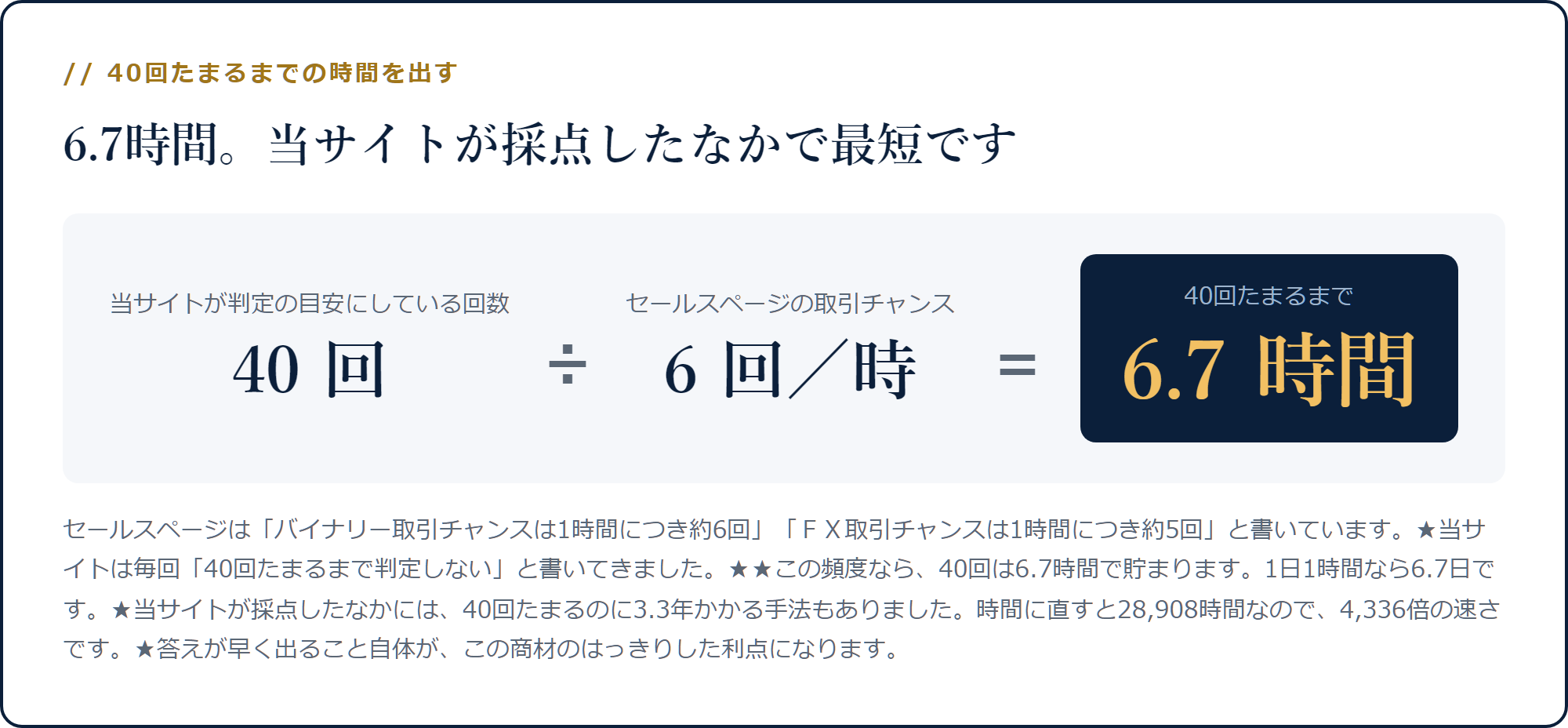40回を1時間あたり6回で割ると6.7時間になる計算