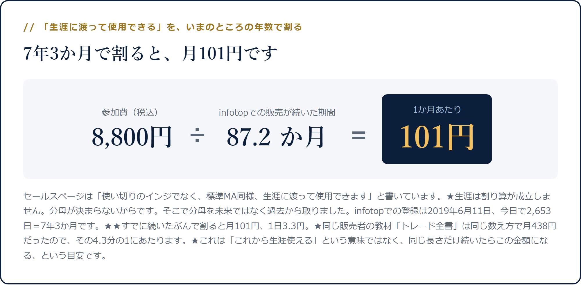 8,800円をinfotopでの販売が続いた87.2か月で割ると月101円になる計算