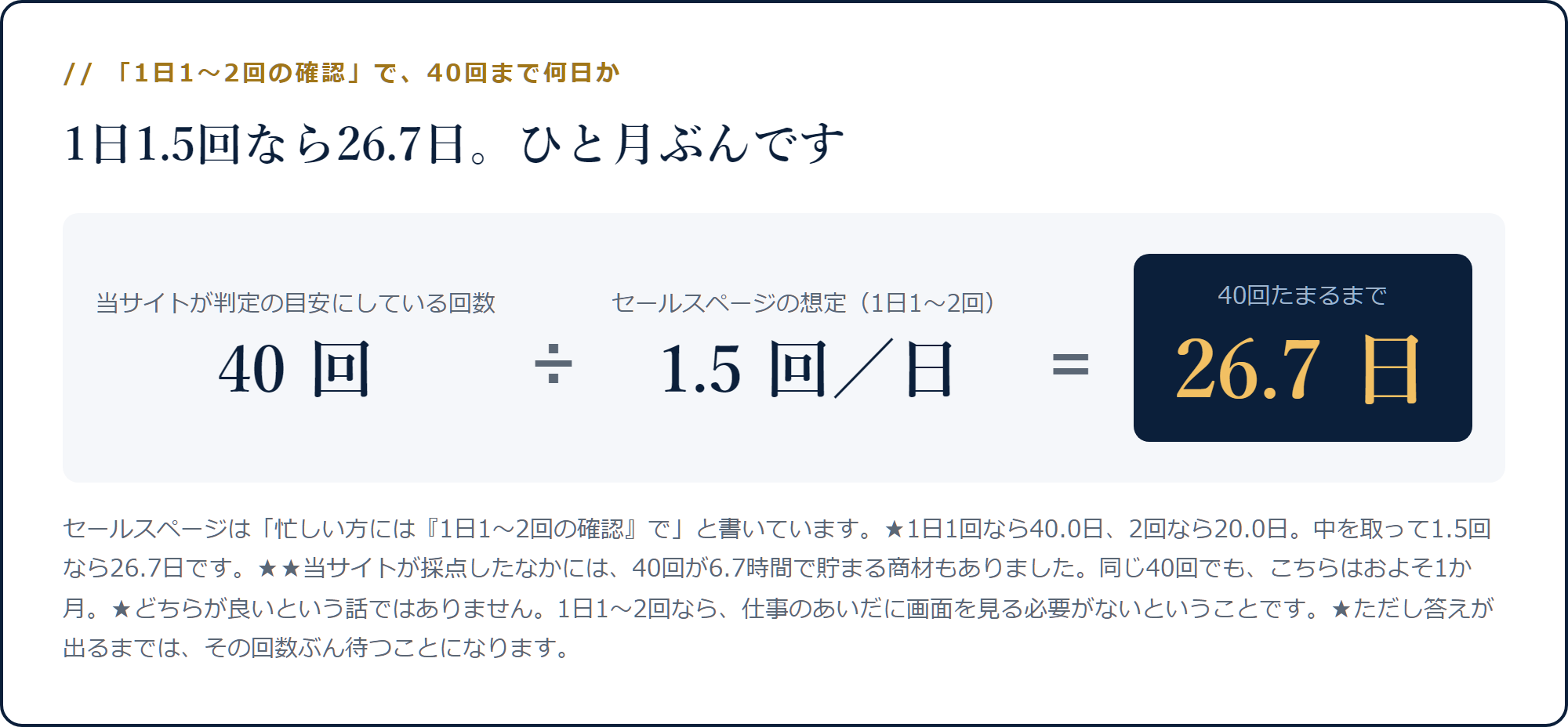 40回を1日1.5回で割ると26.7日になる計算