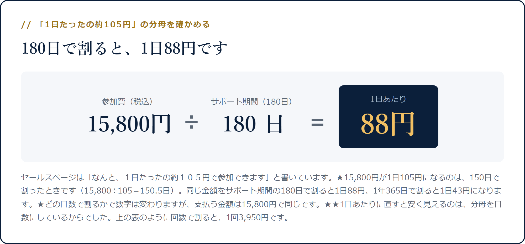 15,800円をサポート期間180日で割ると1日88円になる計算
