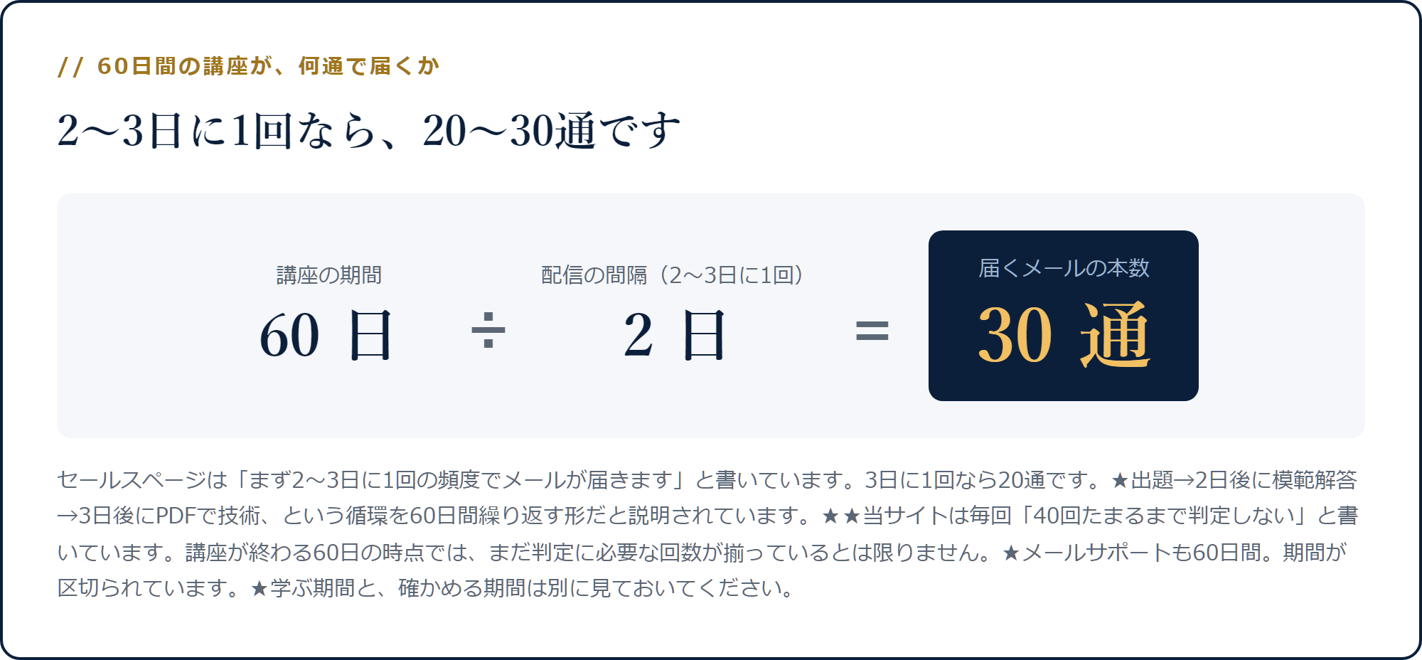 60日を2日で割ると30通になる計算